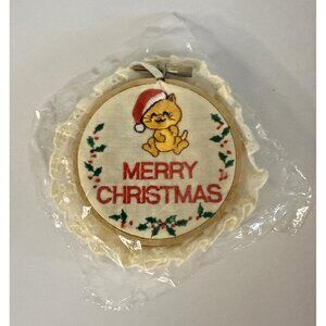 Russ Berrie 1970s Vintage Merry Christmas Santa Cat Ornament Lace New In Package